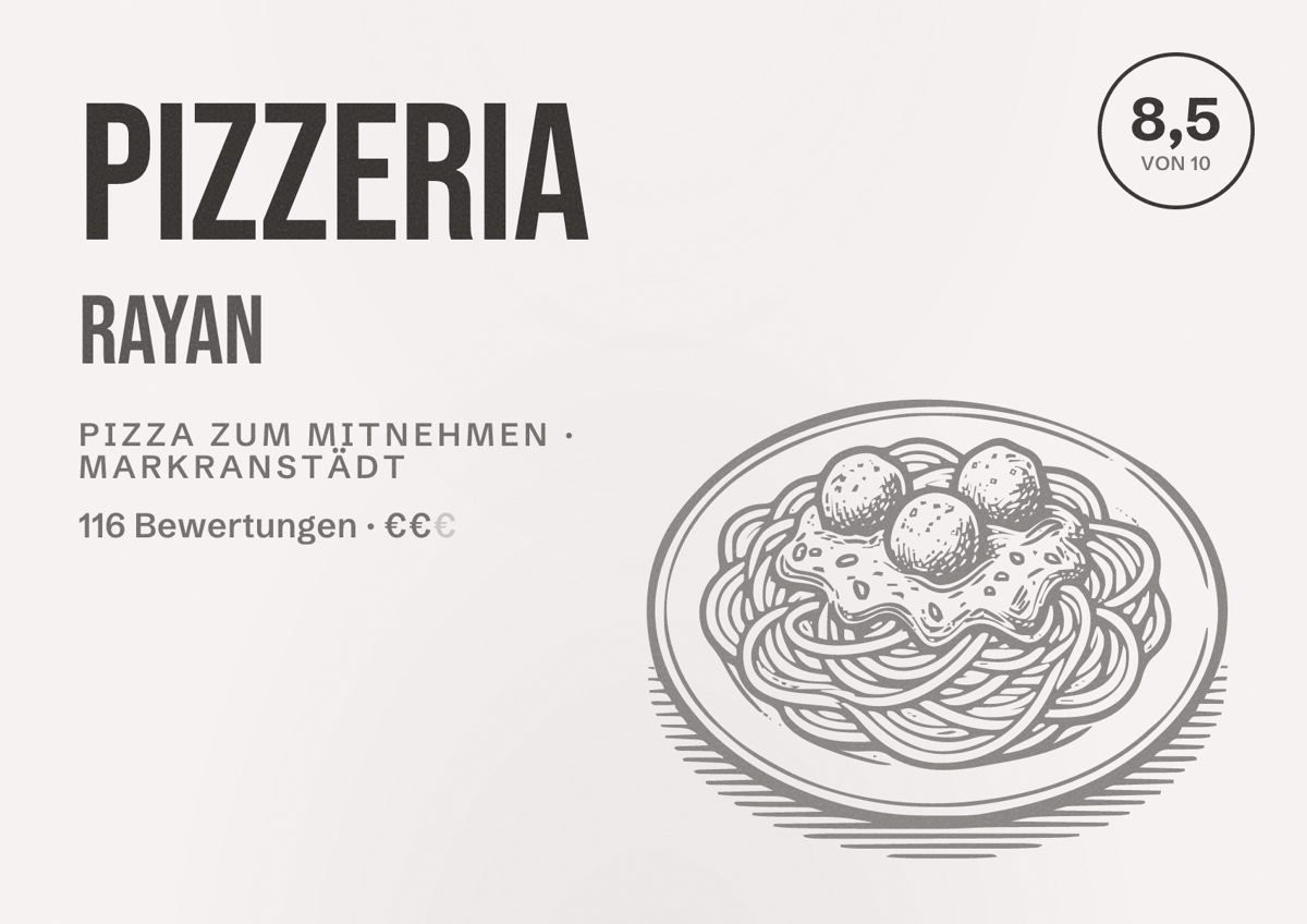 Illustriertes Poster von Pizzeria Rayan, Pizza zum Mitnehmen in Markranstädt: Bewertung 8,5 von 10 aus 116 Bewertungen, Preisniveau €€