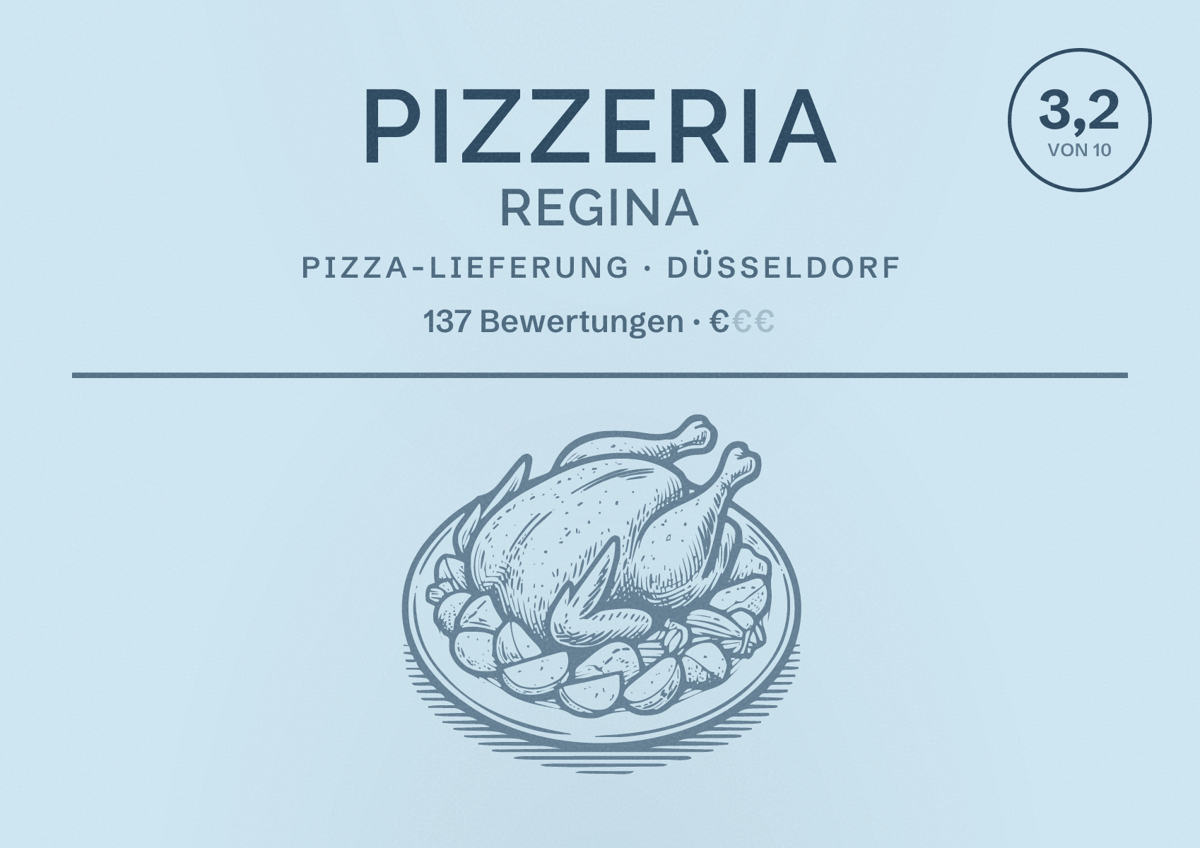 Illustriertes Poster von Pizzeria Regina, Pizza-Lieferung in Düsseldorf: Bewertung 3,2 von 10 aus 137 Bewertungen, Preisniveau €