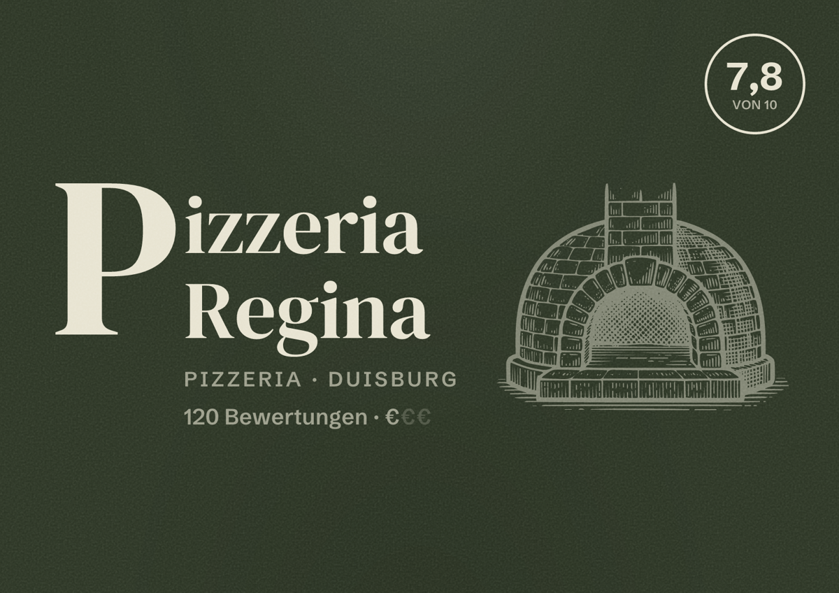 Illustriertes Poster von Pizzeria Regina, Pizzeria in Duisburg: Bewertung 7,8 von 10 aus 120 Bewertungen, Preisniveau €