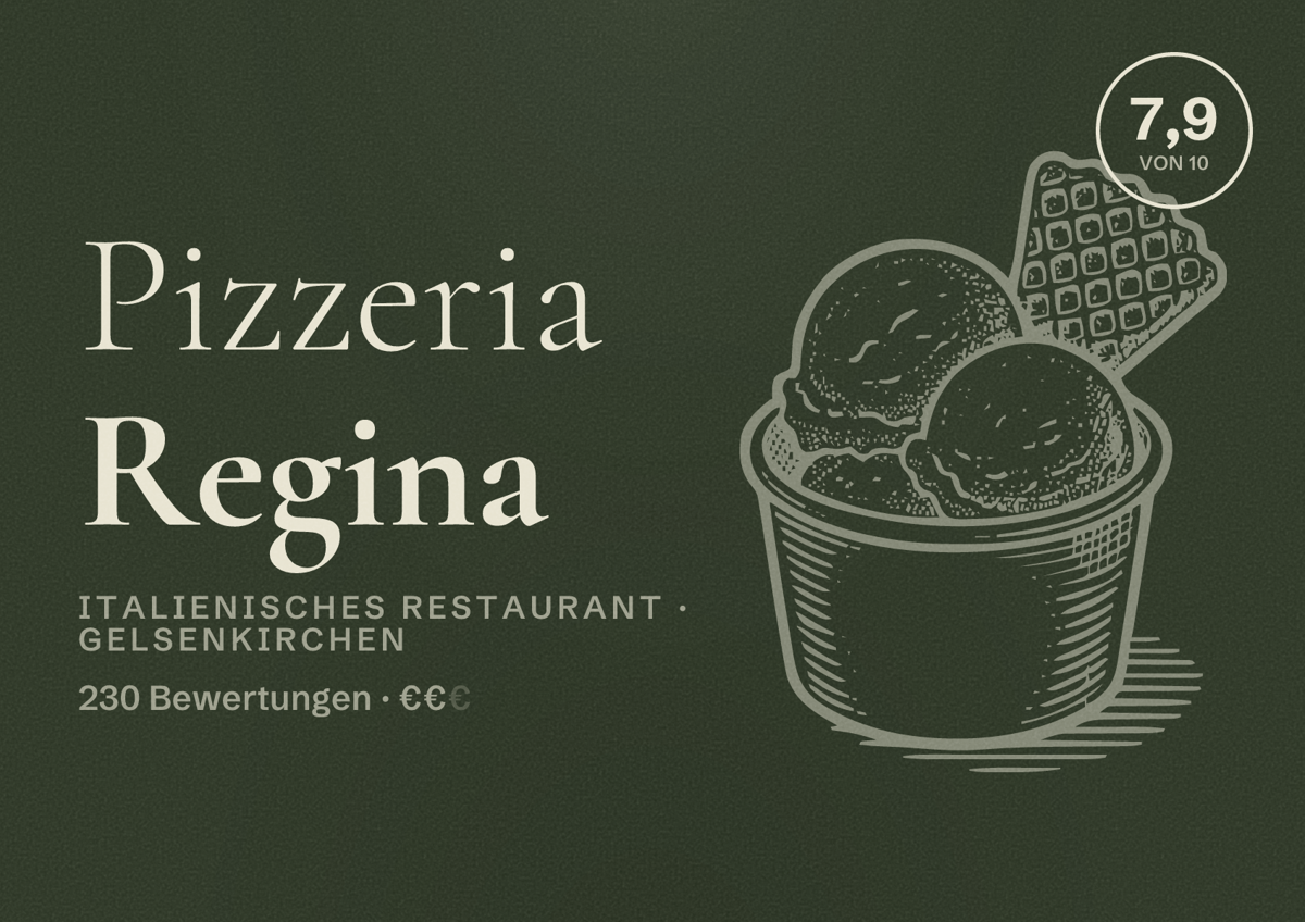 Illustriertes Poster von Pizzeria Regina, Italienisches Restaurant in Gelsenkirchen: Bewertung 7,9 von 10 aus 230 Bewertungen, Preisniveau €€