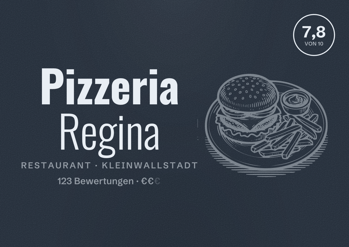 Illustriertes Poster von Pizzeria Regina, Restaurant in Kleinwallstadt: Bewertung 7,8 von 10 aus 123 Bewertungen, Preisniveau €€