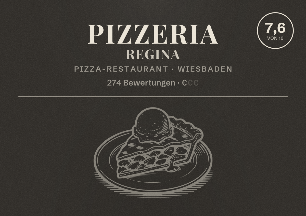 Illustriertes Poster von Pizzeria Regina, Pizza-Restaurant in Wiesbaden: Bewertung 7,6 von 10 aus 274 Bewertungen, Preisniveau €