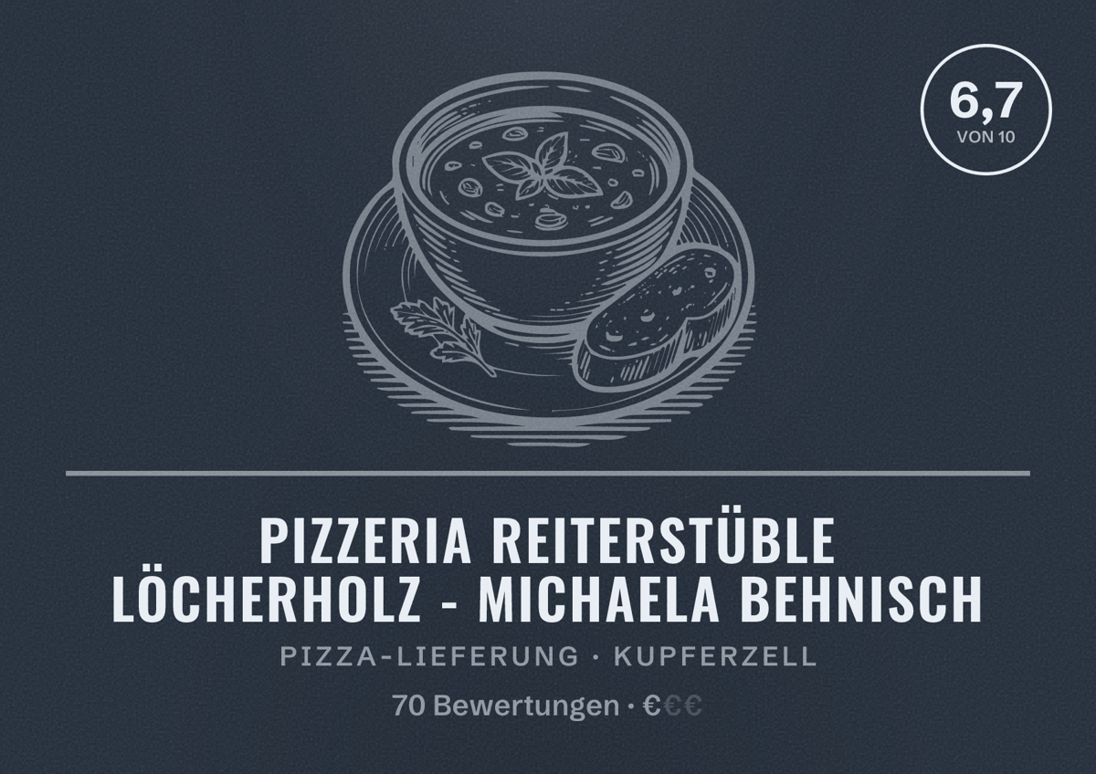 Illustriertes Poster von Pizzeria Reiterstüble Löcherholz - Michaela Behnisch, Pizza-Lieferung in Kupferzell: Bewertung 6,7 von 10 aus 70 Bewertungen, Preisniveau €