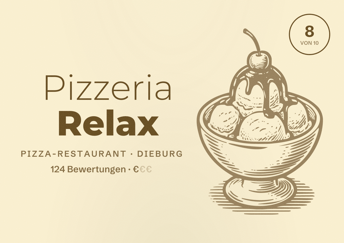 Illustriertes Poster von Pizzeria Relax, Pizza-Restaurant in Dieburg: Bewertung 8 von 10 aus 124 Bewertungen, Preisniveau €