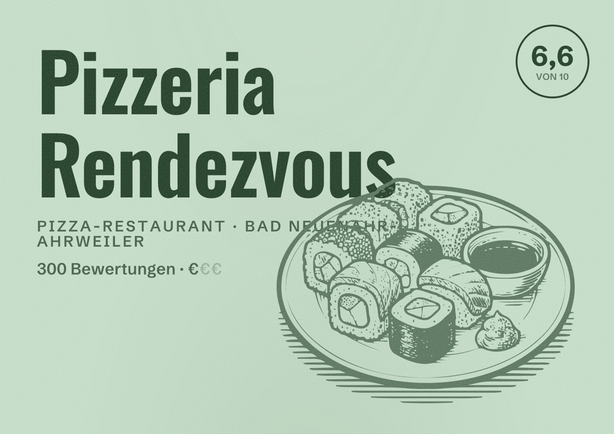 Illustriertes Poster von Pizzeria Rendezvous, Pizza-Restaurant in Bad Neuenahr-Ahrweiler: Bewertung 6,6 von 10 aus 300 Bewertungen, Preisniveau €