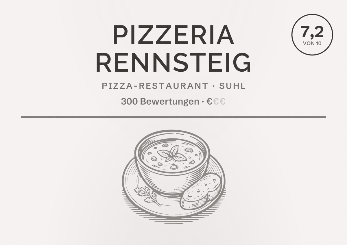 Illustriertes Poster von Pizzeria Rennsteig, Pizza-Restaurant in Suhl: Bewertung 7,2 von 10 aus 300 Bewertungen, Preisniveau €
