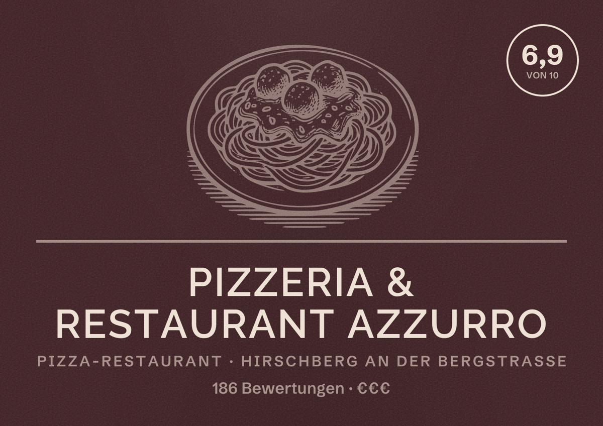 Illustriertes Poster von Pizzeria & Restaurant AZZURRO, Pizza-Restaurant in Hirschberg an der Bergstraße: Bewertung 6,9 von 10 aus 186 Bewertungen, Preisniveau €€€