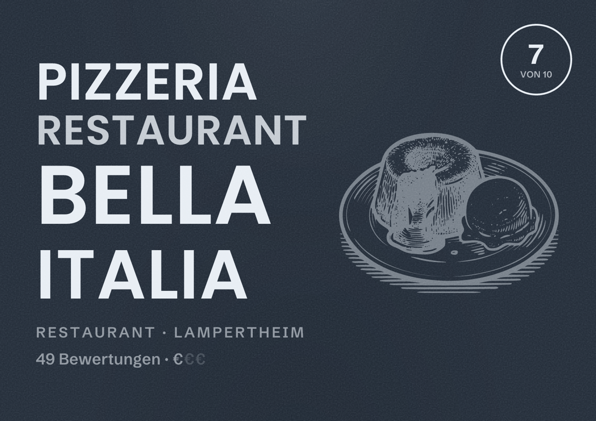 Illustriertes Poster von Pizzeria Restaurant Bella Italia, Restaurant in Lampertheim: Bewertung 7 von 10 aus 49 Bewertungen, Preisniveau €