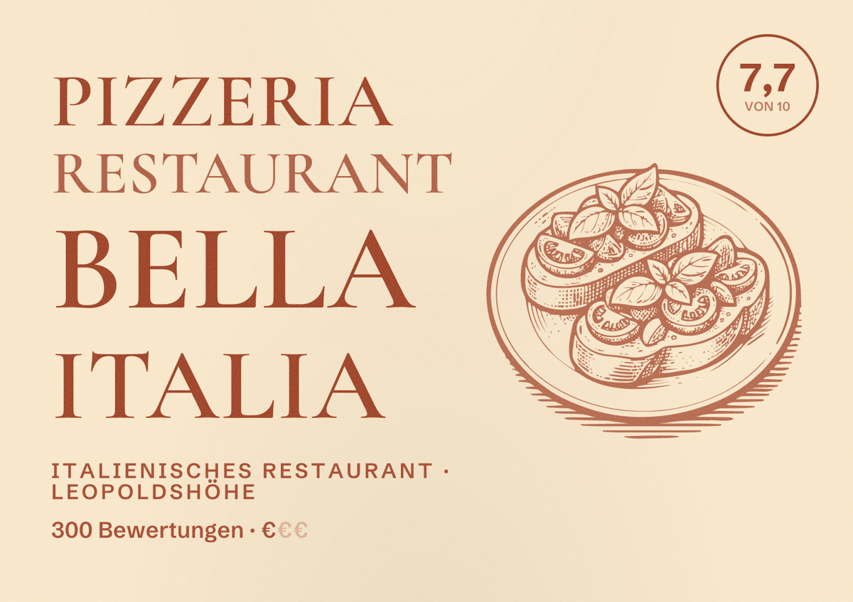 Illustriertes Poster von Pizzeria Restaurant Bella Italia, Italienisches Restaurant in Leopoldshöhe: Bewertung 7,7 von 10 aus 300 Bewertungen, Preisniveau €