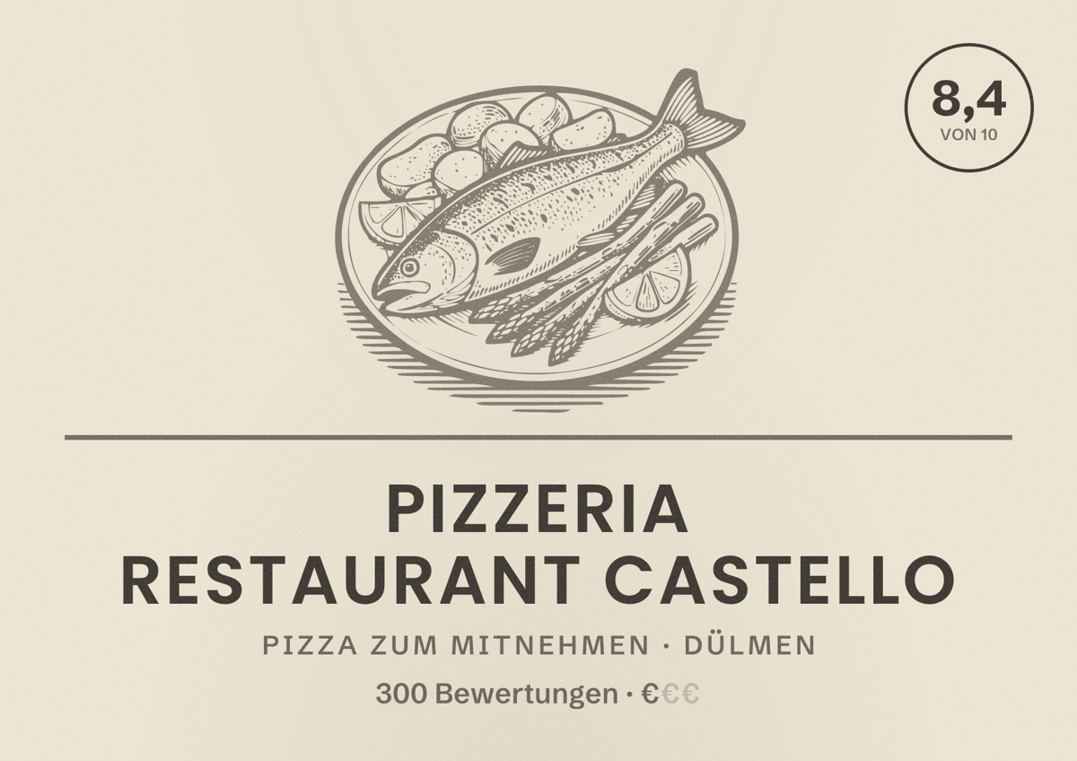 Illustriertes Poster von Pizzeria Restaurant Castello, Pizza zum Mitnehmen in Dülmen: Bewertung 8,4 von 10 aus 300 Bewertungen, Preisniveau €
