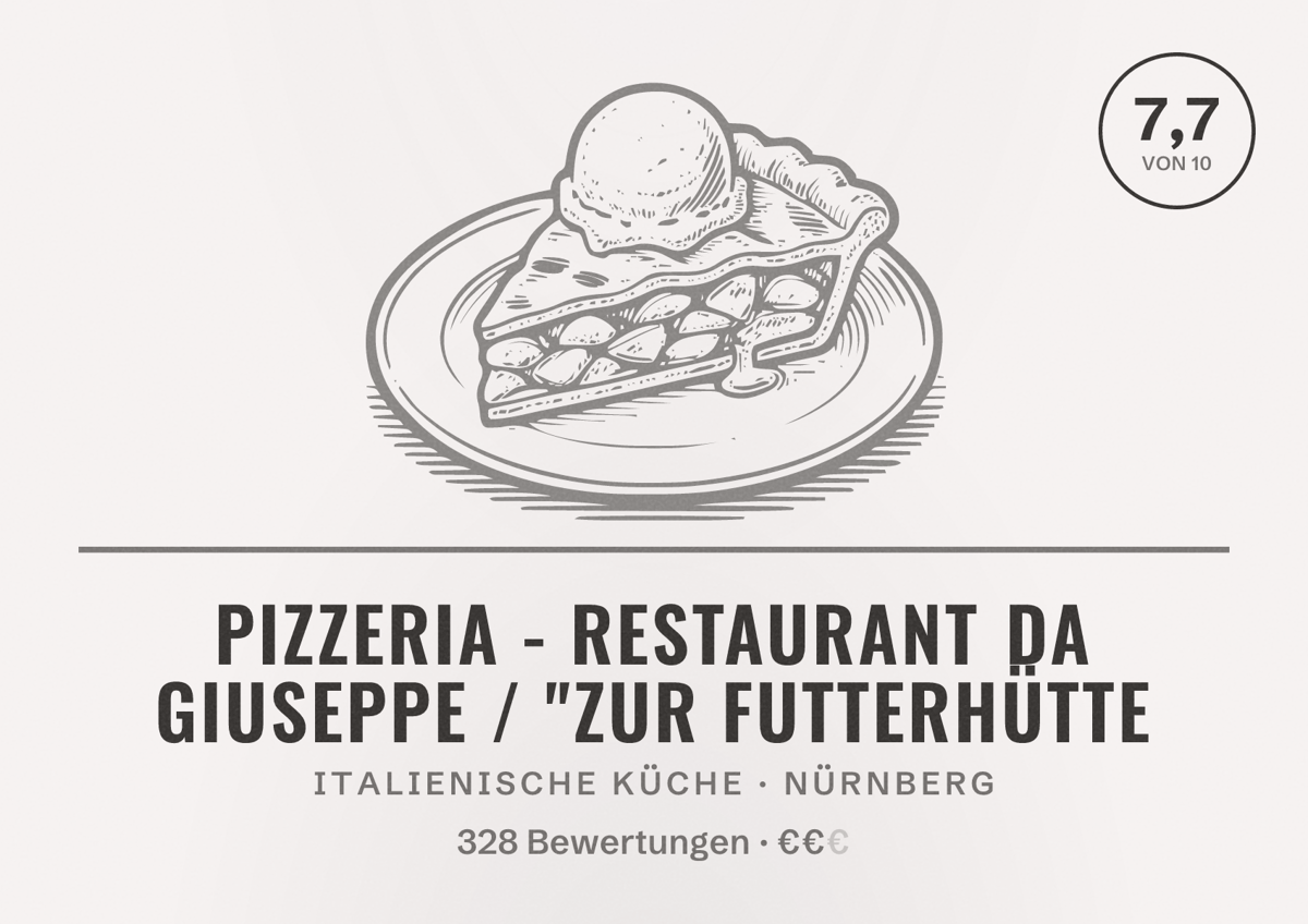 Illustriertes Poster von Pizzeria - Restaurant da Giuseppe / "Zur Futterhütte, Italienische Küche in Nürnberg: Bewertung 7,7 von 10 aus 328 Bewertungen, Preisniveau €€