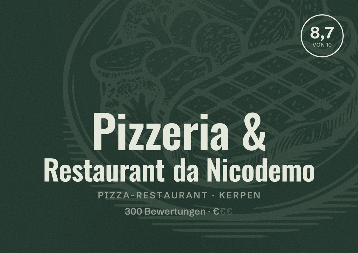 Illustriertes Poster von Pizzeria & Restaurant da Nicodemo, Pizza-Restaurant in Kerpen: Bewertung 8,7 von 10 aus 300 Bewertungen, Preisniveau €
