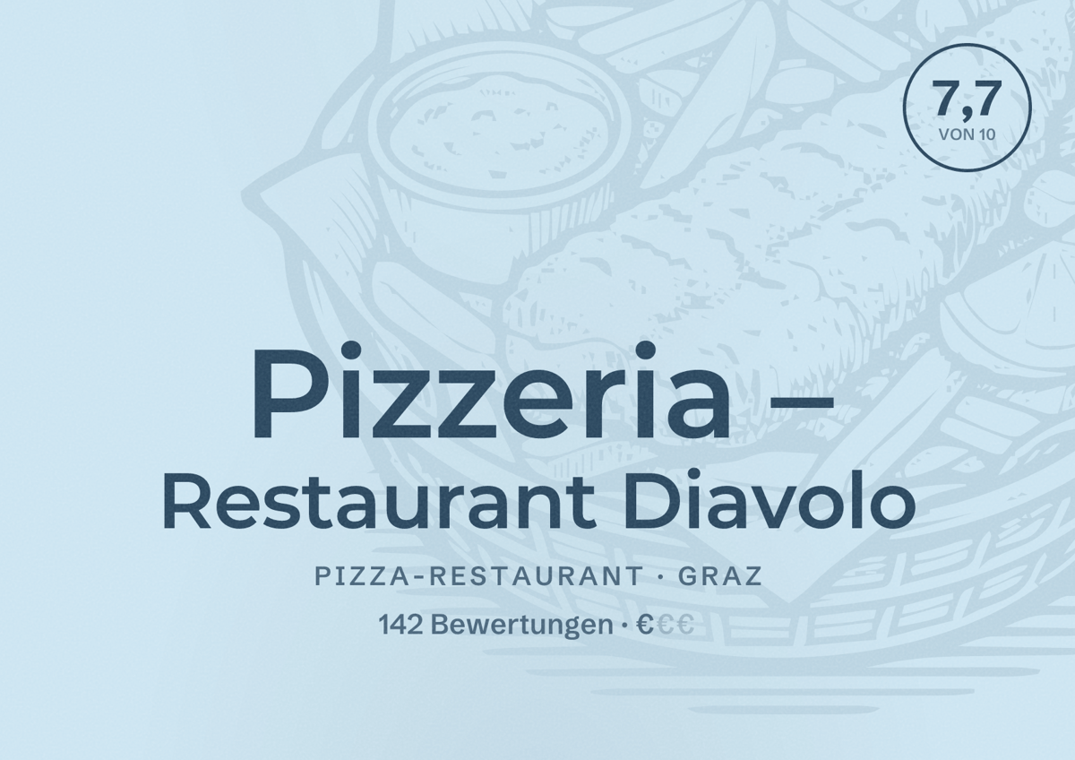 Illustriertes Poster von Pizzeria – Restaurant Diavolo, Pizza-Restaurant in Graz: Bewertung 7,7 von 10 aus 142 Bewertungen, Preisniveau €