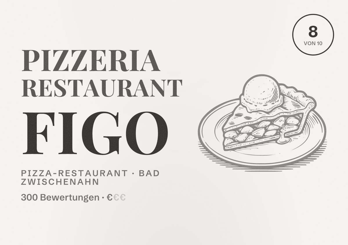 Illustriertes Poster von Pizzeria Restaurant Figo, Pizza-Restaurant in Bad Zwischenahn: Bewertung 8 von 10 aus 300 Bewertungen, Preisniveau €