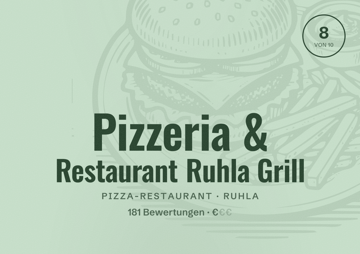 Illustriertes Poster von Pizzeria & Restaurant Ruhla Grill, Pizza-Restaurant in Ruhla: Bewertung 8 von 10 aus 181 Bewertungen, Preisniveau €