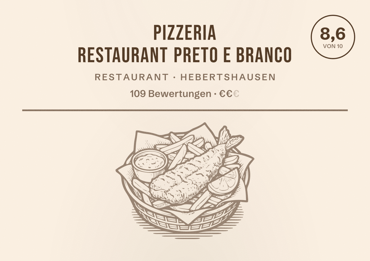 Illustriertes Poster von Pizzeria Restaurant Preto e Branco, Restaurant in Hebertshausen: Bewertung 8,6 von 10 aus 109 Bewertungen, Preisniveau €€