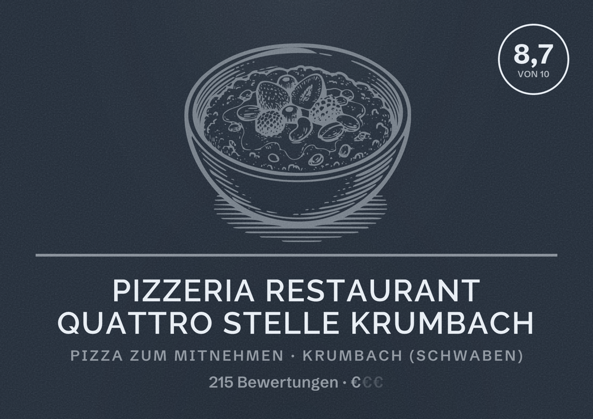 Illustriertes Poster von Pizzeria Restaurant Quattro Stelle Krumbach, Pizza zum Mitnehmen in Krumbach (Schwaben): Bewertung 8,7 von 10 aus 215 Bewertungen, Preisniveau €