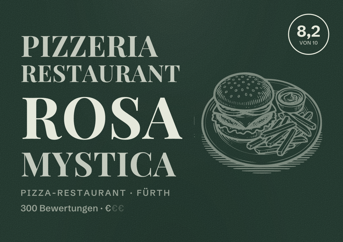 Illustriertes Poster von Pizzeria Restaurant Rosa Mystica, Pizza-Restaurant in Fürth: Bewertung 8,2 von 10 aus 300 Bewertungen, Preisniveau €