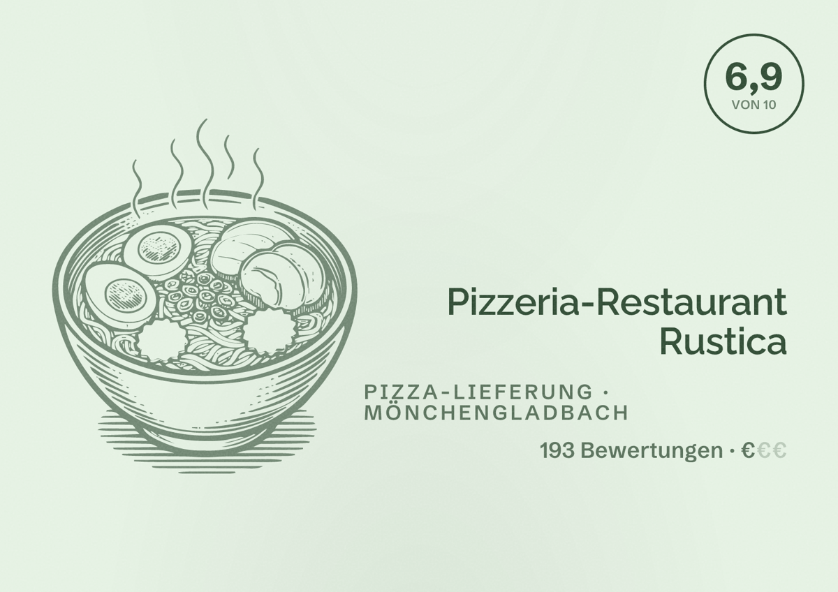 Illustriertes Poster von Pizzeria-Restaurant Rustica, Pizza-Lieferung in Mönchengladbach: Bewertung 6,9 von 10 aus 193 Bewertungen, Preisniveau €