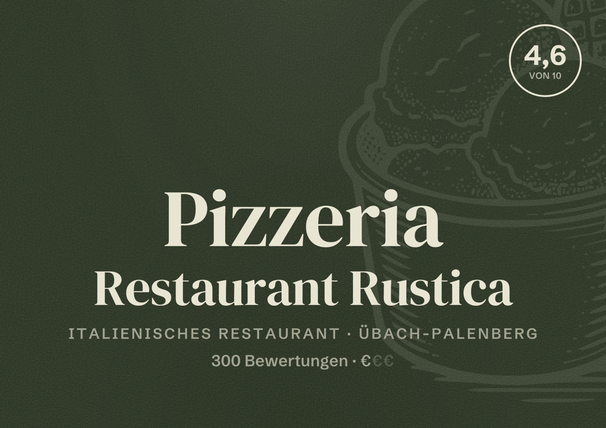 Illustriertes Poster von Pizzeria Restaurant Rustica, Italienisches Restaurant in Übach-Palenberg: Bewertung 4,6 von 10 aus 300 Bewertungen, Preisniveau €