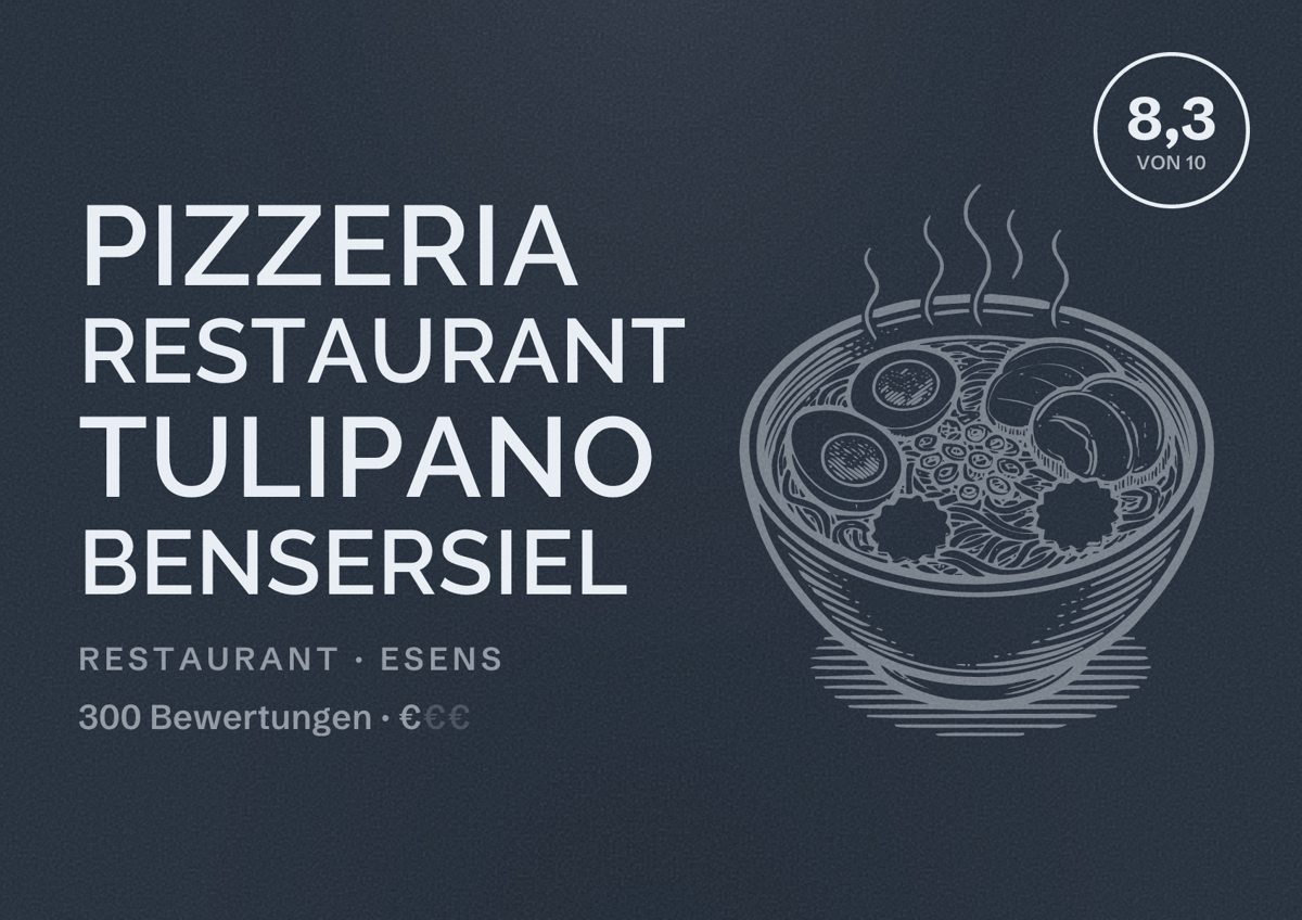 Illustriertes Poster von Pizzeria Restaurant Tulipano Bensersiel, Restaurant in Esens: Bewertung 8,3 von 10 aus 300 Bewertungen, Preisniveau €