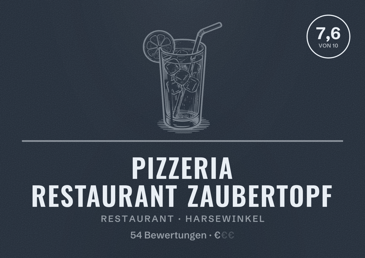 Illustriertes Poster von Pizzeria Restaurant Zaubertopf, Restaurant in Harsewinkel: Bewertung 7,6 von 10 aus 54 Bewertungen, Preisniveau €