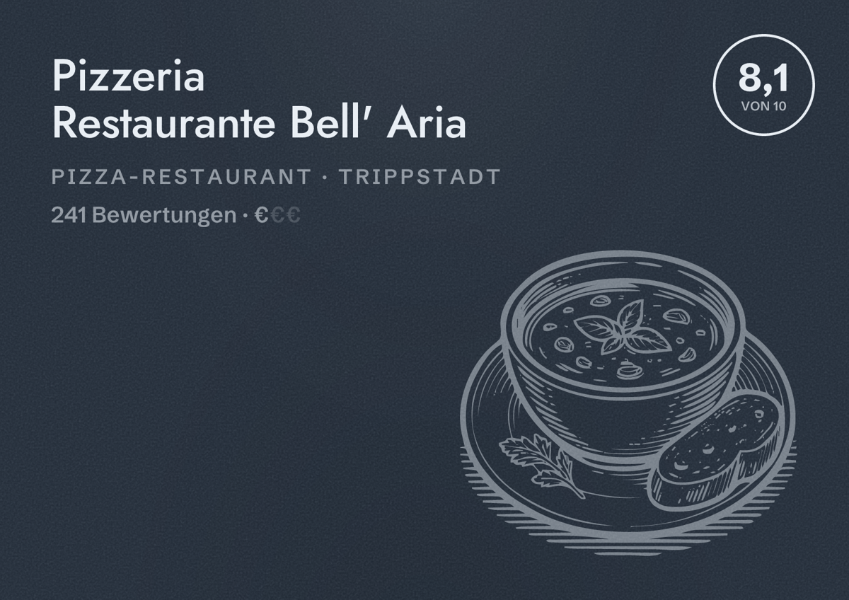 Illustriertes Poster von Pizzeria Restaurante Bell' Aria, Pizza-Restaurant in Trippstadt: Bewertung 8,1 von 10 aus 241 Bewertungen, Preisniveau €