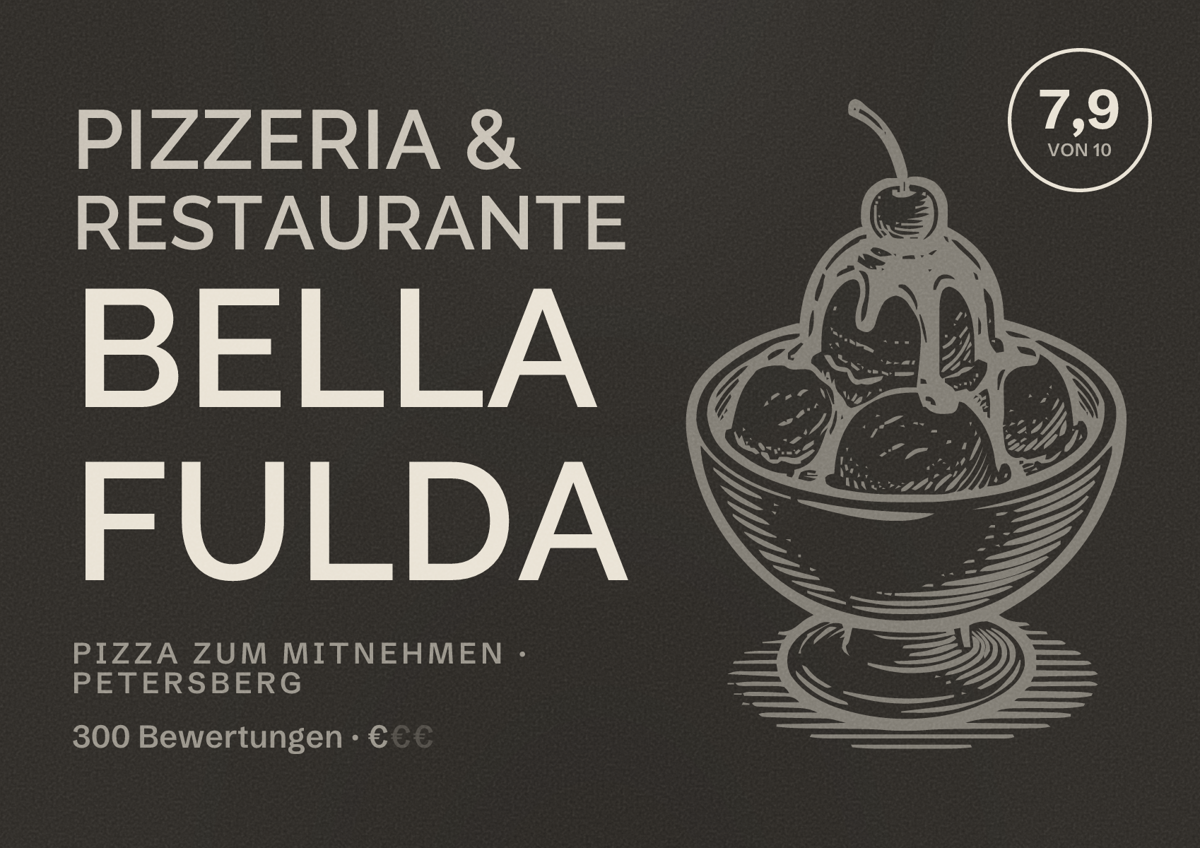 Illustriertes Poster von Pizzeria & Restaurante Bella Fulda, Pizza zum Mitnehmen in Petersberg: Bewertung 7,9 von 10 aus 300 Bewertungen, Preisniveau €