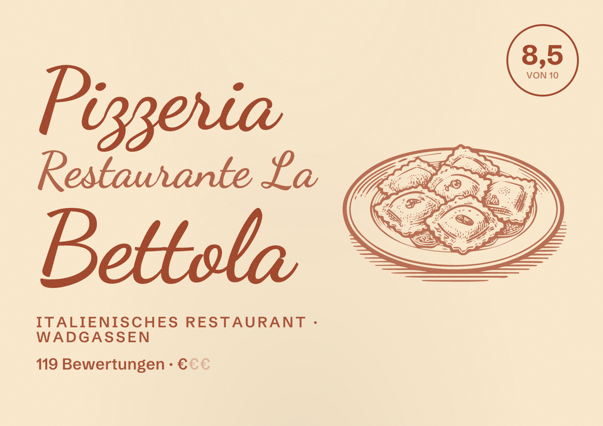 Illustriertes Poster von Pizzeria Restaurante La Bettola, Italienisches Restaurant in Wadgassen: Bewertung 8,5 von 10 aus 119 Bewertungen, Preisniveau €