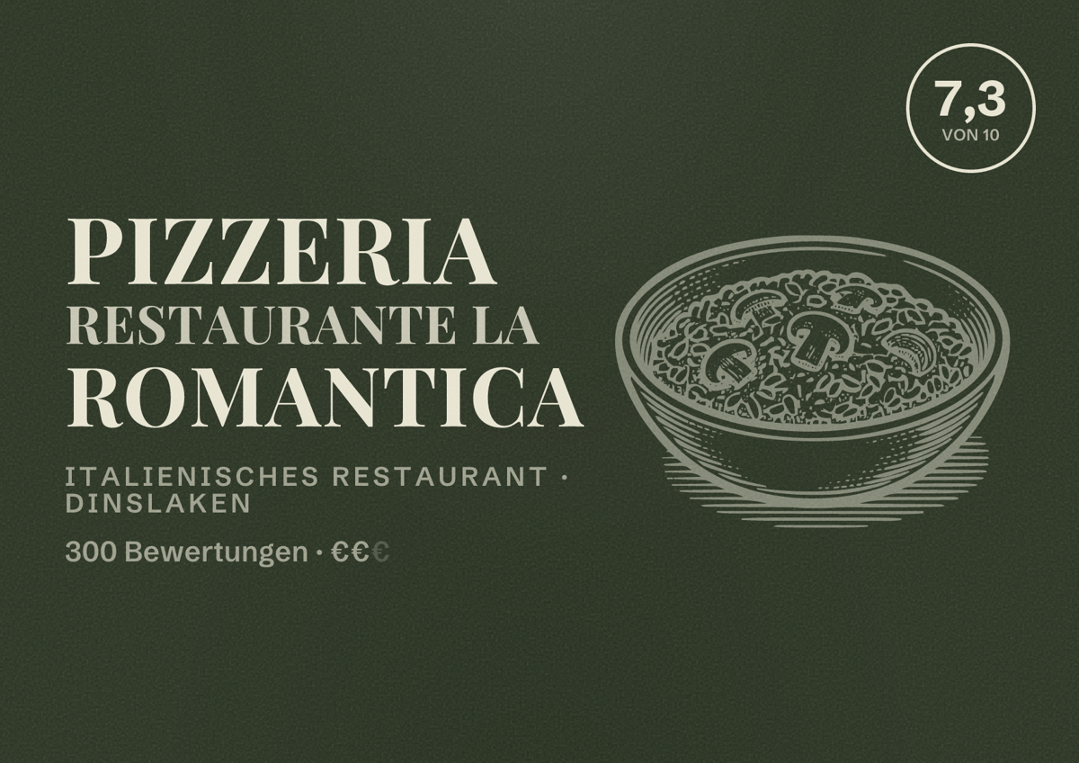 Illustriertes Poster von Pizzeria Restaurante La Romantica, Italienisches Restaurant in Dinslaken: Bewertung 7,3 von 10 aus 300 Bewertungen, Preisniveau €€