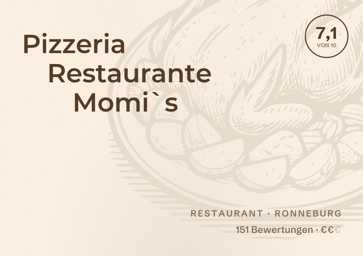 Illustriertes Poster von Pizzeria Restaurante Momi`s, Restaurant in Ronneburg: Bewertung 7,1 von 10 aus 151 Bewertungen, Preisniveau €€
