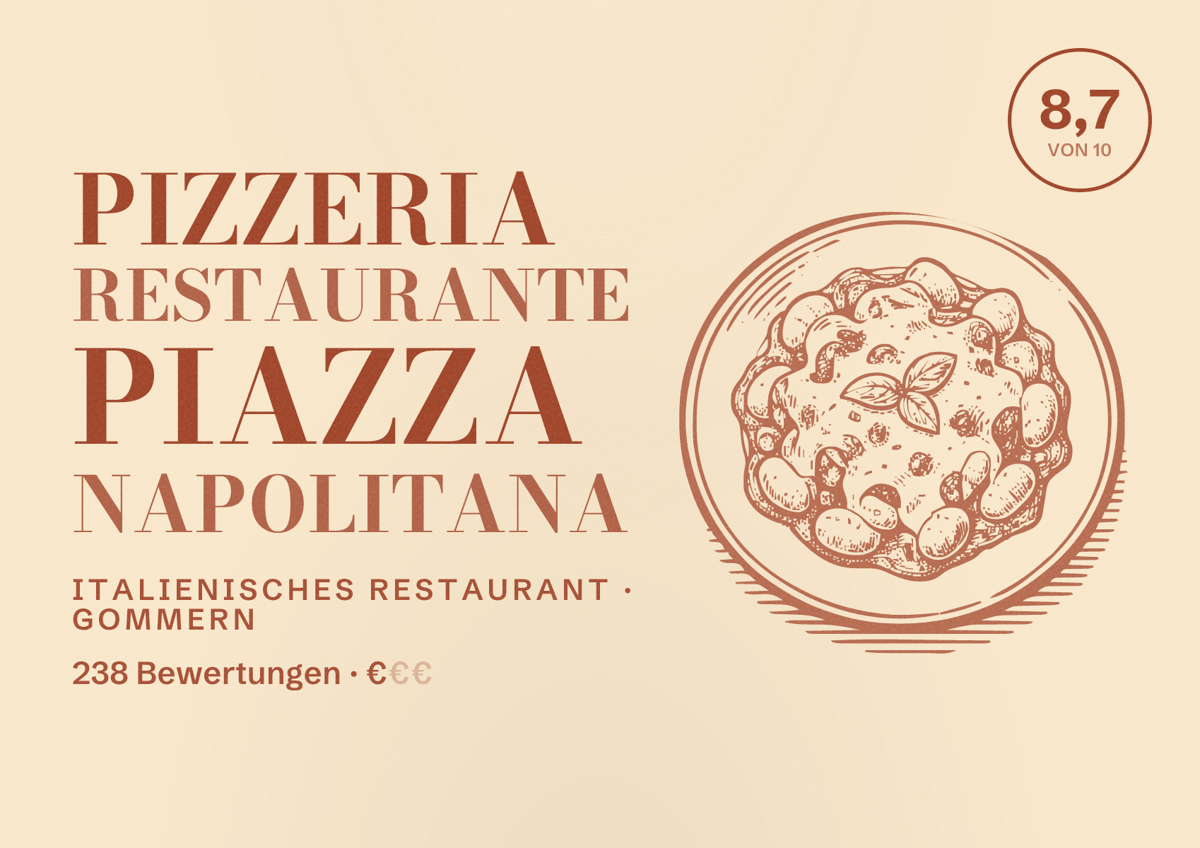 Illustriertes Poster von Pizzeria restaurante piazza napolitana, Italienisches Restaurant in Gommern: Bewertung 8,7 von 10 aus 238 Bewertungen, Preisniveau €
