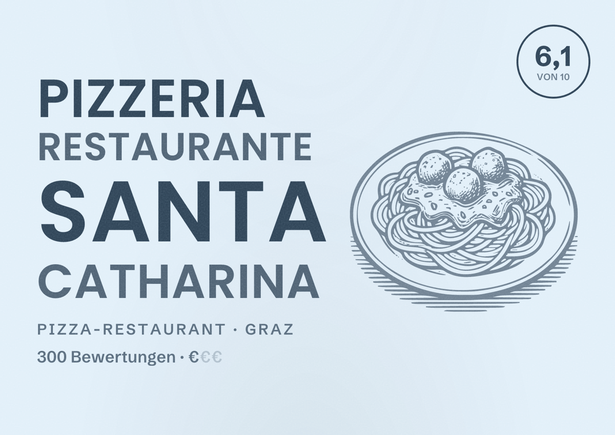 Illustriertes Poster von Pizzeria Restaurante Santa Catharina, Pizza-Restaurant in Graz: Bewertung 6,1 von 10 aus 300 Bewertungen, Preisniveau €