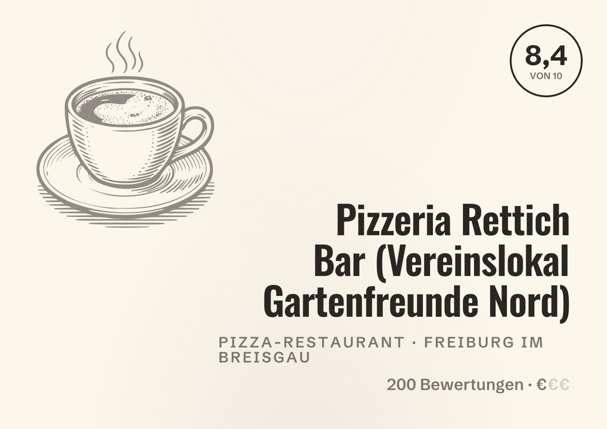 Illustriertes Poster von Pizzeria Rettich Bar (Vereinslokal Gartenfreunde Nord), Pizza-Restaurant in Freiburg im Breisgau: Bewertung 8,4 von 10 aus 200 Bewertungen, Preisniveau €