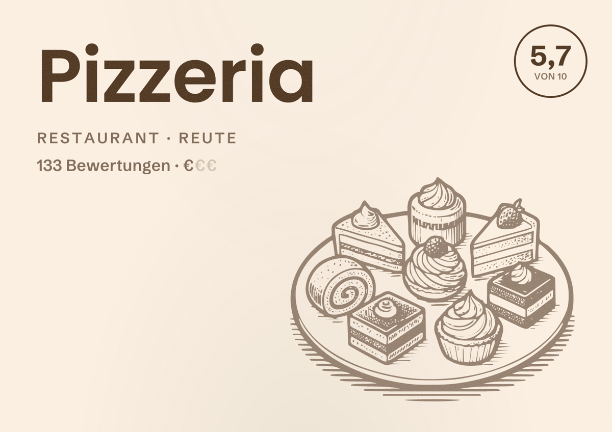 Illustriertes Poster von Pizzeria, Restaurant in Reute: Bewertung 5,7 von 10 aus 133 Bewertungen, Preisniveau €