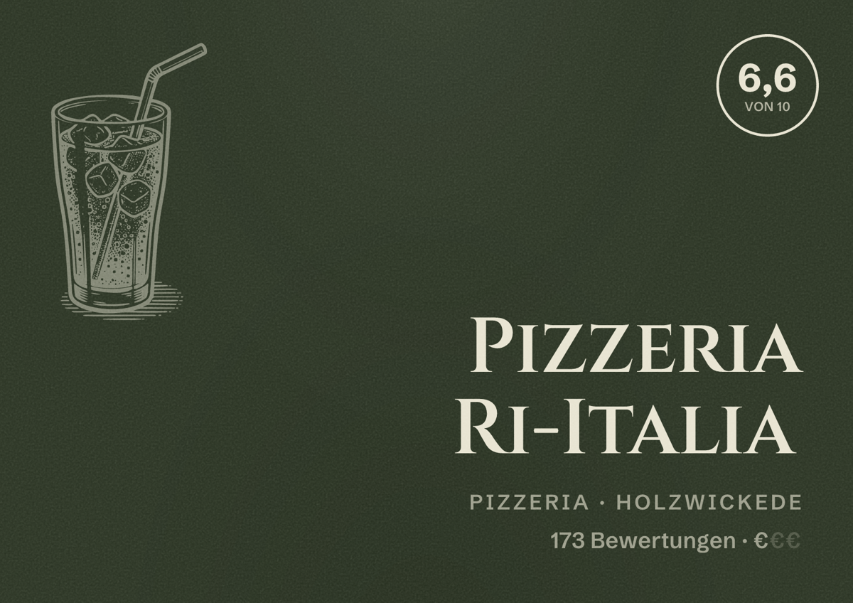 Illustriertes Poster von Pizzeria Ri-Italia, Pizzeria in Holzwickede: Bewertung 6,6 von 10 aus 173 Bewertungen, Preisniveau €