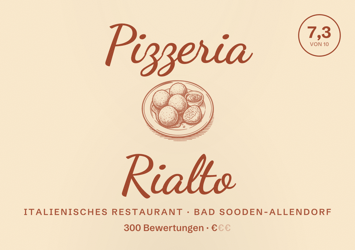 Illustriertes Poster von Pizzeria Rialto, Italienisches Restaurant in Bad Sooden-Allendorf: Bewertung 7,3 von 10 aus 300 Bewertungen, Preisniveau €