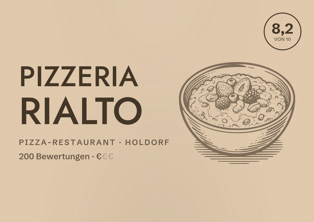 Illustriertes Poster von Pizzeria Rialto, Pizza-Restaurant in Holdorf: Bewertung 8,2 von 10 aus 200 Bewertungen, Preisniveau €