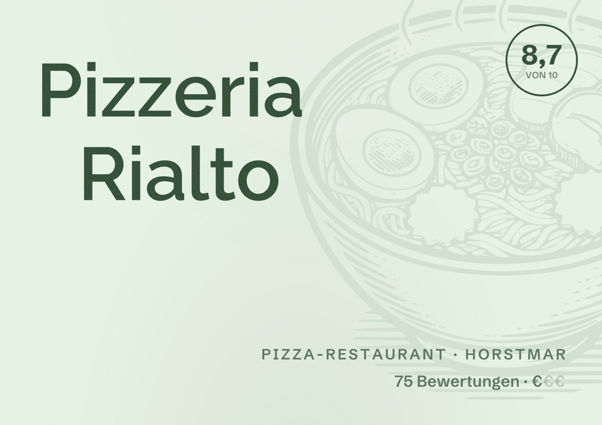 Illustriertes Poster von Pizzeria Rialto, Pizza-Restaurant in Horstmar: Bewertung 8,7 von 10 aus 75 Bewertungen, Preisniveau €