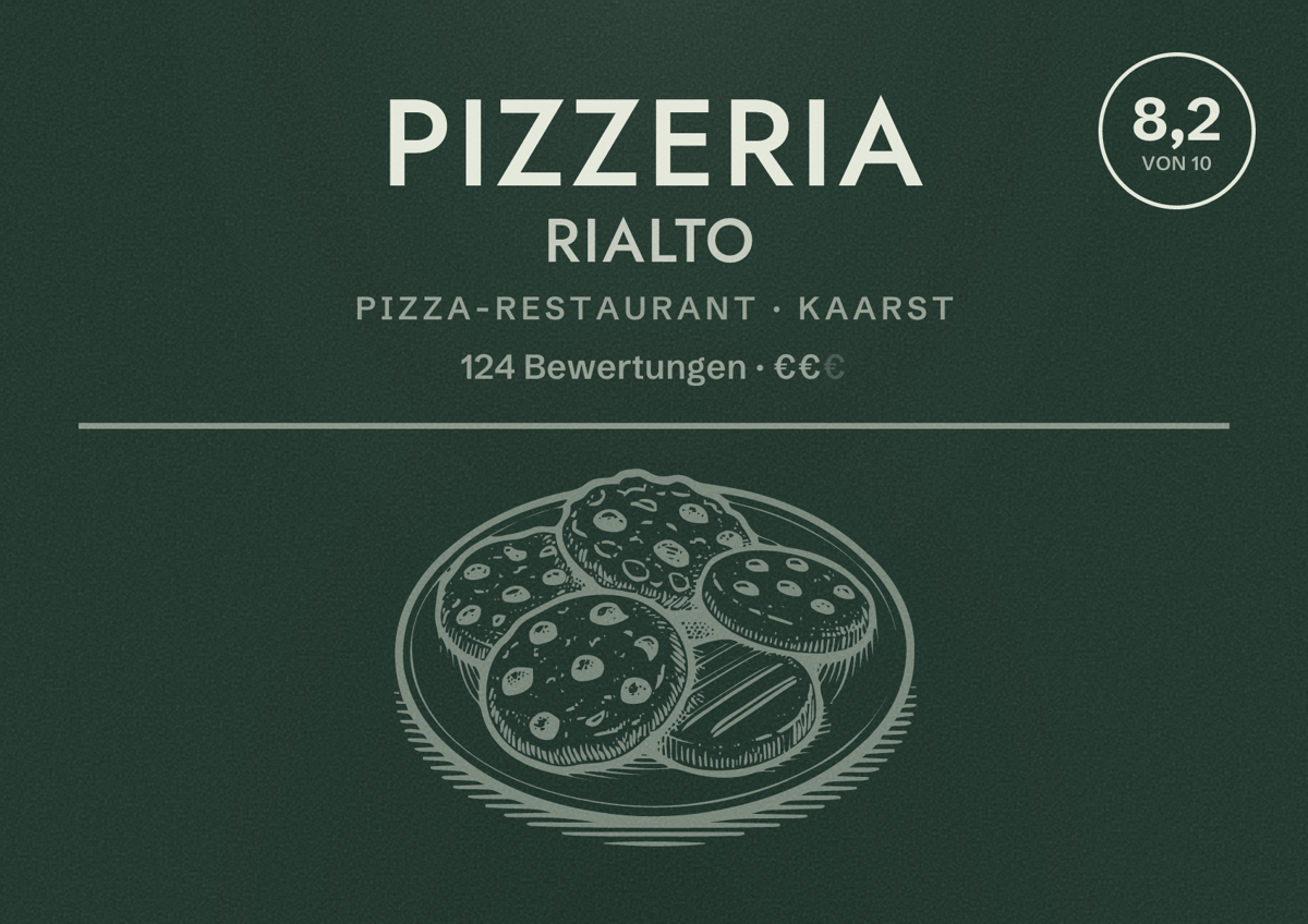 Illustriertes Poster von Pizzeria Rialto, Pizza-Restaurant in Kaarst: Bewertung 8,2 von 10 aus 124 Bewertungen, Preisniveau €€