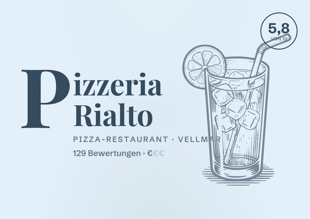 Illustriertes Poster von Pizzeria Rialto, Pizza-Restaurant in Vellmar: Bewertung 5,8 von 10 aus 129 Bewertungen, Preisniveau €