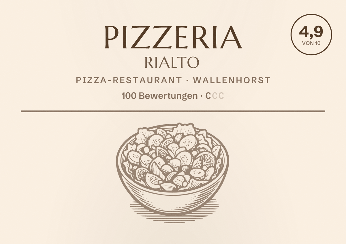 Illustriertes Poster von Pizzeria Rialto, Pizza-Restaurant in Wallenhorst: Bewertung 4,9 von 10 aus 100 Bewertungen, Preisniveau €