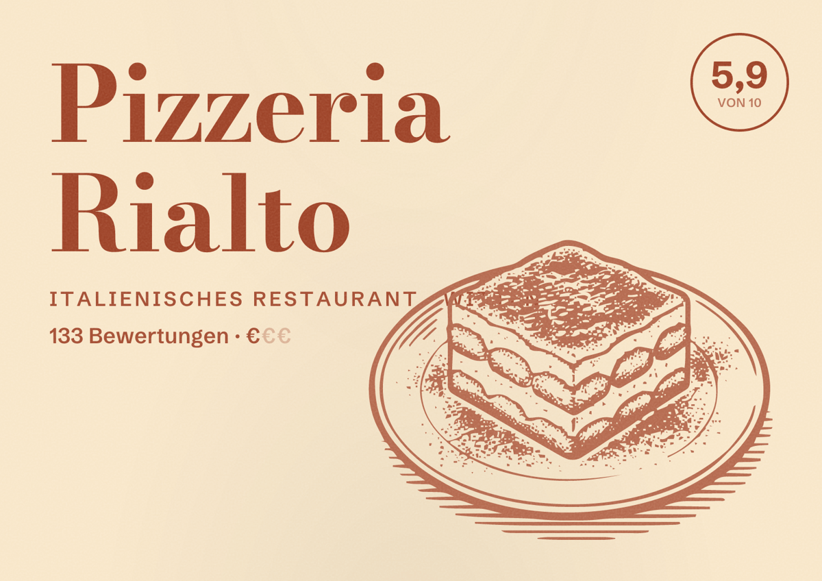 Illustriertes Poster von Pizzeria Rialto, Italienisches Restaurant in Witten: Bewertung 5,9 von 10 aus 133 Bewertungen, Preisniveau €
