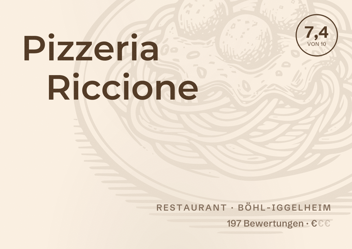 Illustriertes Poster von Pizzeria Riccione, Restaurant in Böhl-Iggelheim: Bewertung 7,4 von 10 aus 197 Bewertungen, Preisniveau €