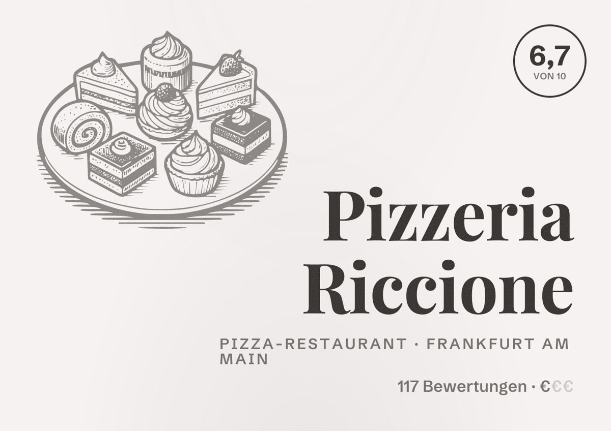 Illustriertes Poster von Pizzeria Riccione, Pizza-Restaurant in Frankfurt am Main: Bewertung 6,7 von 10 aus 117 Bewertungen, Preisniveau €