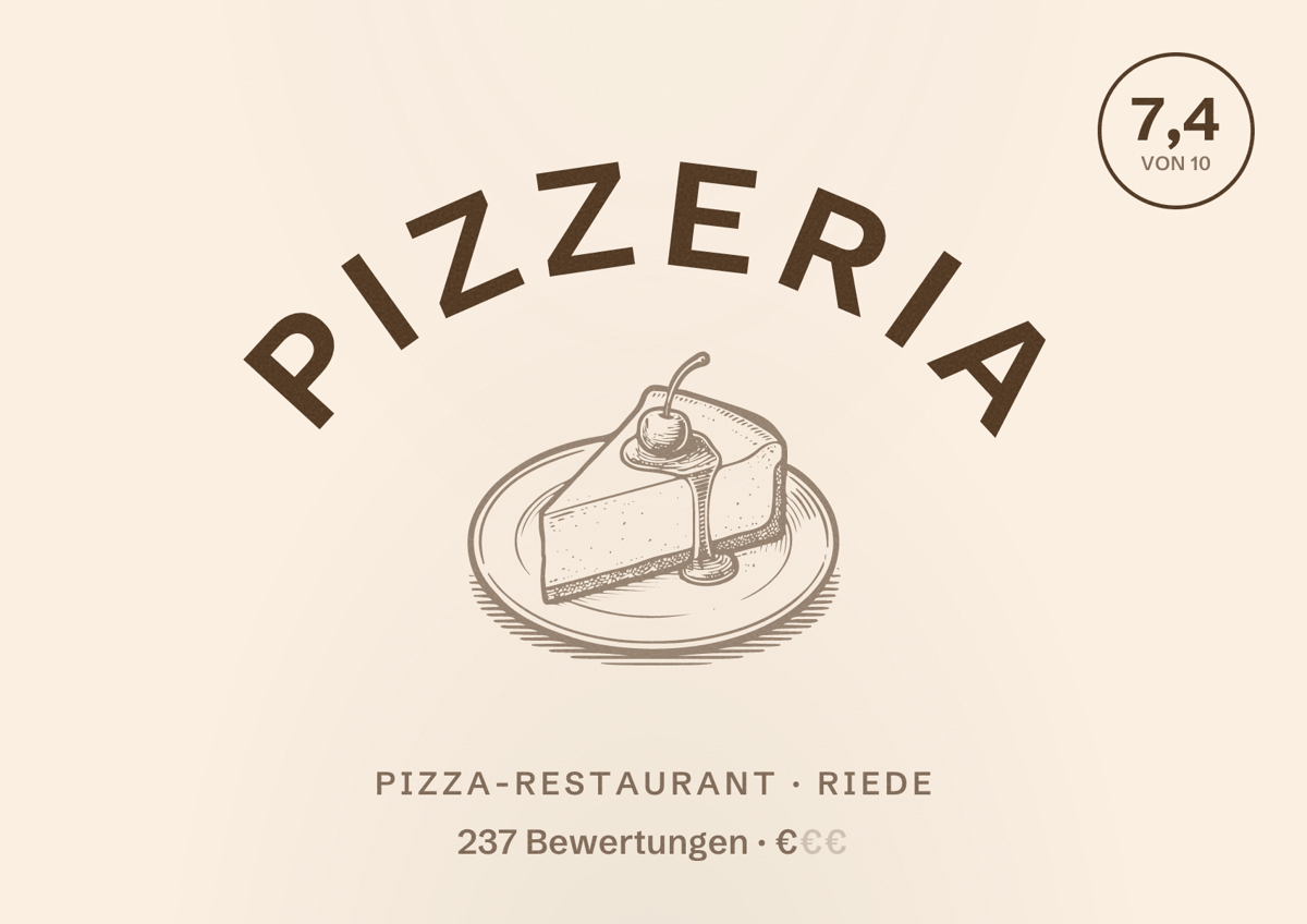 Illustriertes Poster von Pizzeria, Pizza-Restaurant in Riede: Bewertung 7,4 von 10 aus 237 Bewertungen, Preisniveau €