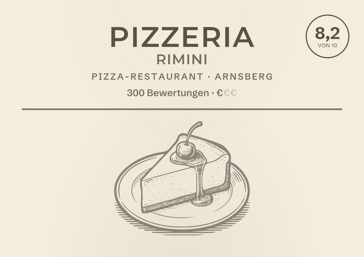 Illustriertes Poster von Pizzeria Rimini, Pizza-Restaurant in Arnsberg: Bewertung 8,2 von 10 aus 300 Bewertungen, Preisniveau €