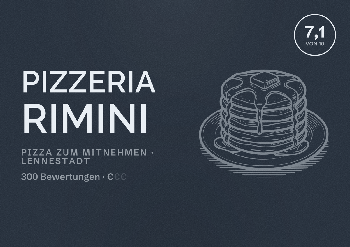 Illustriertes Poster von Pizzeria Rimini, Pizza zum Mitnehmen in Lennestadt: Bewertung 7,1 von 10 aus 300 Bewertungen, Preisniveau €