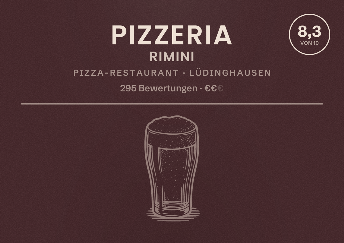Illustriertes Poster von Pizzeria Rimini, Pizza-Restaurant in Lüdinghausen: Bewertung 8,3 von 10 aus 295 Bewertungen, Preisniveau €€