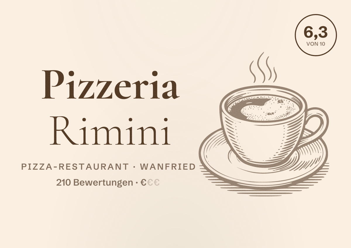 Illustriertes Poster von Pizzeria Rimini, Pizza-Restaurant in Wanfried: Bewertung 6,3 von 10 aus 210 Bewertungen, Preisniveau €